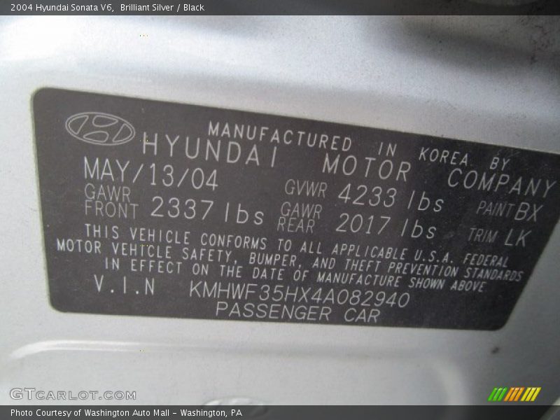 2004 Sonata V6 Brilliant Silver Color Code BX