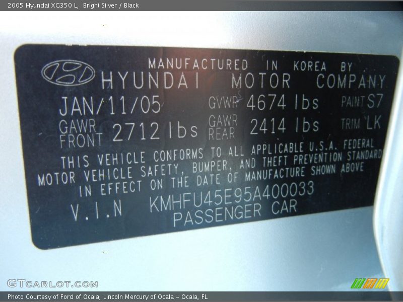 2005 XG350 L Bright Silver Color Code S7