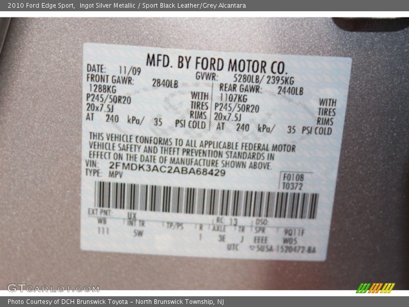 Ingot Silver Metallic / Sport Black Leather/Grey Alcantara 2010 Ford Edge Sport