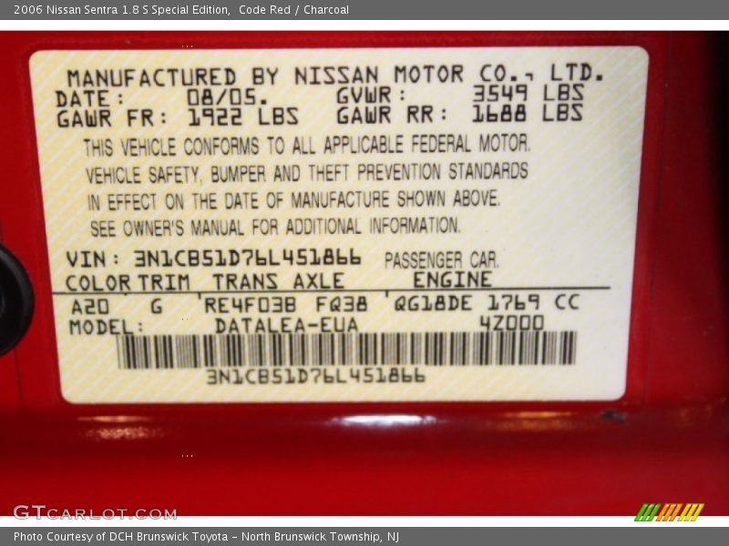 Code Red / Charcoal 2006 Nissan Sentra 1.8 S Special Edition