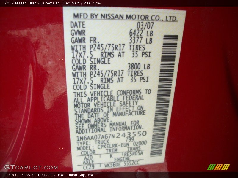 2007 Titan XE Crew Cab Red Alert Color Code A20