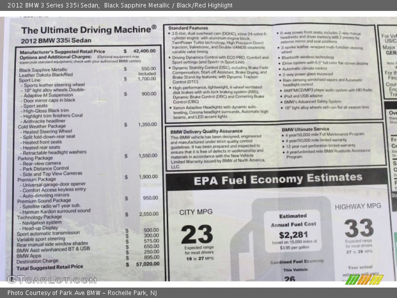  2012 3 Series 335i Sedan Window Sticker