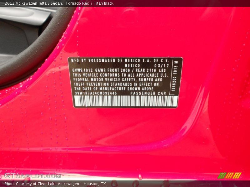 Tornado Red / Titan Black 2012 Volkswagen Jetta S Sedan