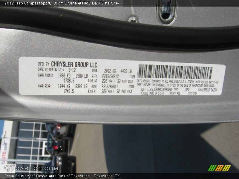 Bright Silver Metallic / Dark Slate Gray 2012 Jeep Compass Sport