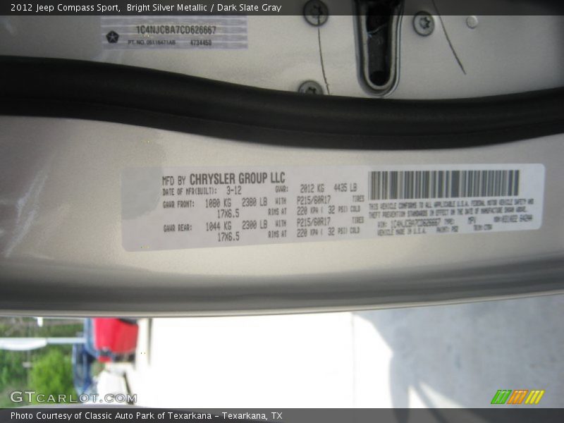 Bright Silver Metallic / Dark Slate Gray 2012 Jeep Compass Sport