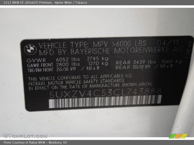 Alpine White / Tobacco 2012 BMW X5 xDrive35i Premium