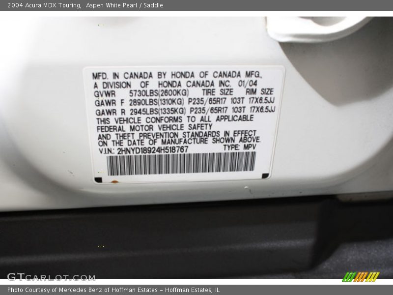 Aspen White Pearl / Saddle 2004 Acura MDX Touring