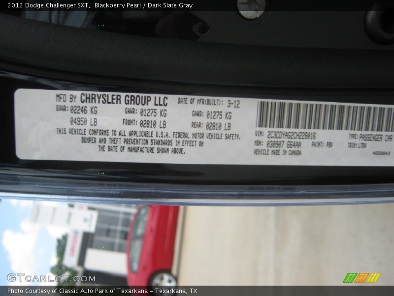 Blackberry Pearl / Dark Slate Gray 2012 Dodge Challenger SXT