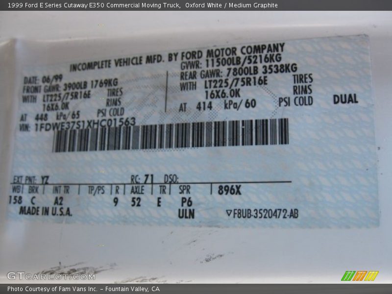 1999 E Series Cutaway E350 Commercial Moving Truck Oxford White Color Code YZ