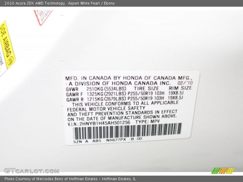 Aspen White Pearl / Ebony 2010 Acura ZDX AWD Technology