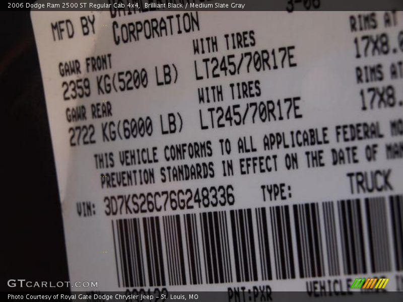 2006 Ram 2500 ST Regular Cab 4x4 Brilliant Black Color Code PXR