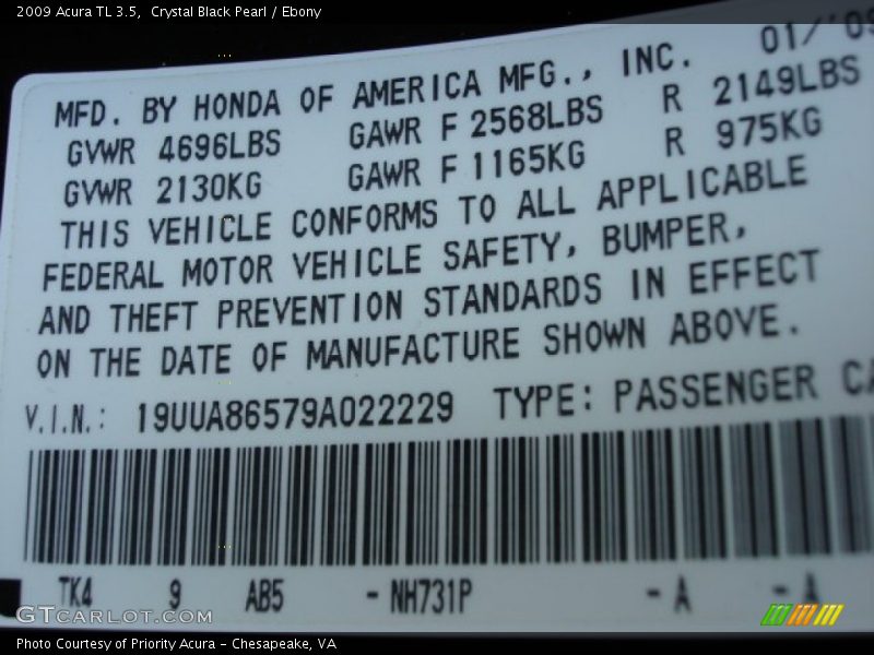 Crystal Black Pearl / Ebony 2009 Acura TL 3.5
