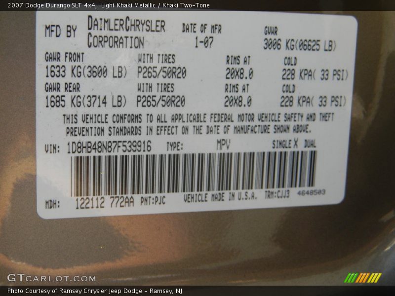 2007 Durango SLT 4x4 Light Khaki Metallic Color Code PJC