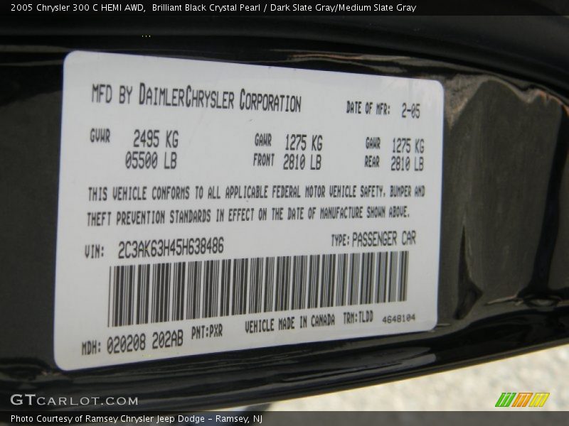 2005 300 C HEMI AWD Brilliant Black Crystal Pearl Color Code PXR