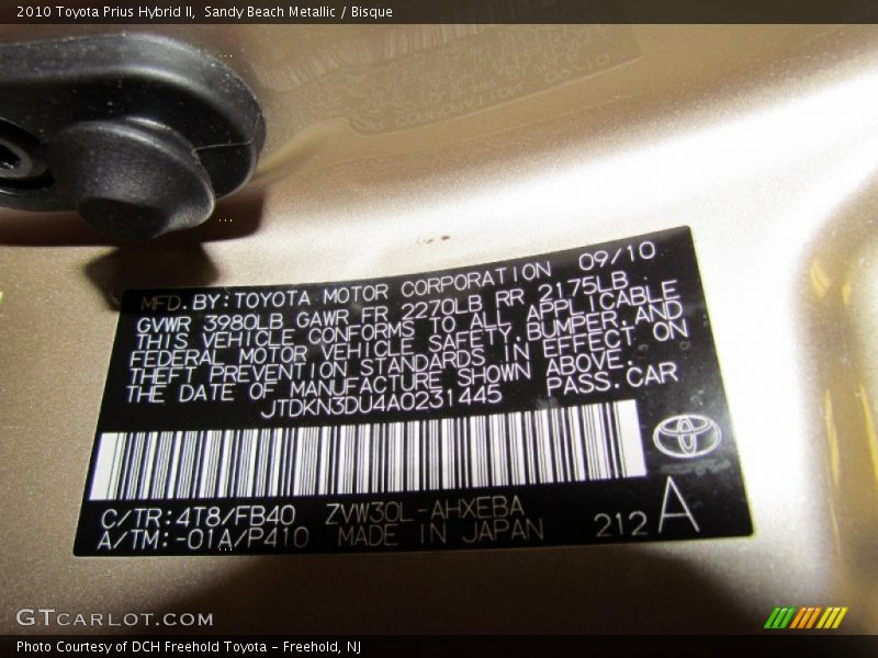 2010 Prius Hybrid II Sandy Beach Metallic Color Code 4T8