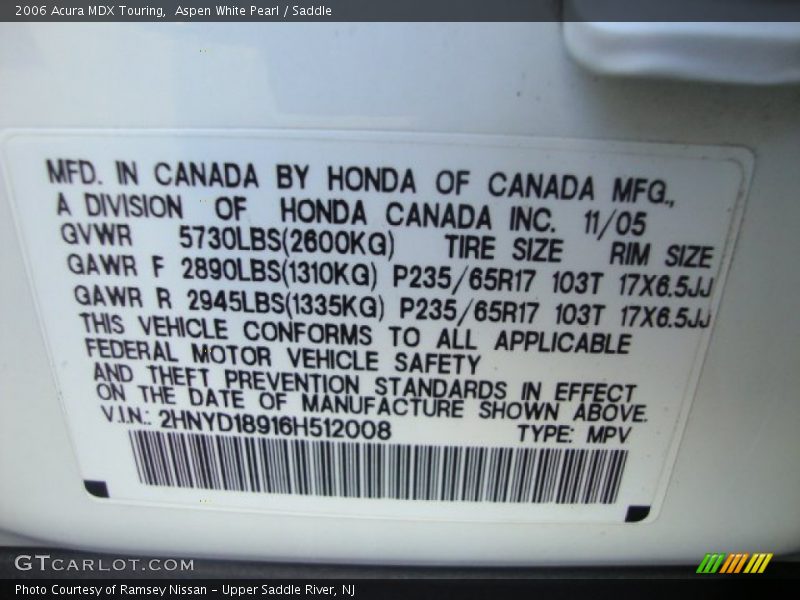 Aspen White Pearl / Saddle 2006 Acura MDX Touring