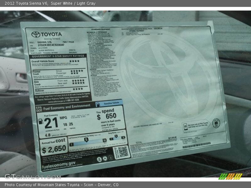  2012 Sienna V6 Window Sticker