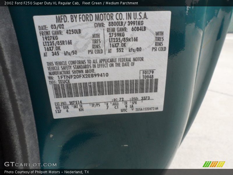 2002 F250 Super Duty XL Regular Cab Fleet Green Color Code W7514