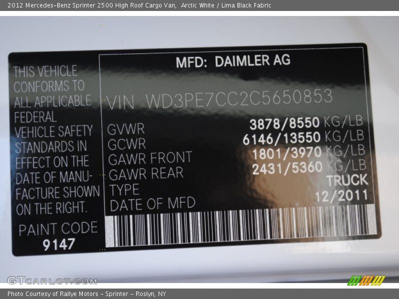 2012 Sprinter 2500 High Roof Cargo Van Arctic White Color Code 9147