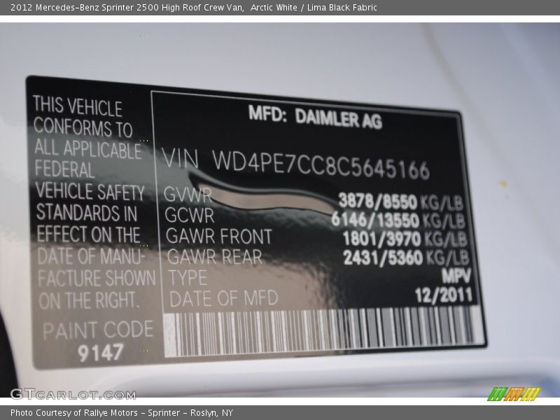 9147 - 2012 Mercedes-Benz Sprinter 2500 High Roof Crew Van
