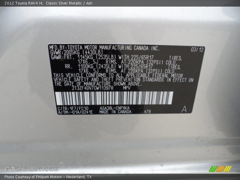 2012 RAV4 I4 Classic Silver Metallic Color Code 1F7