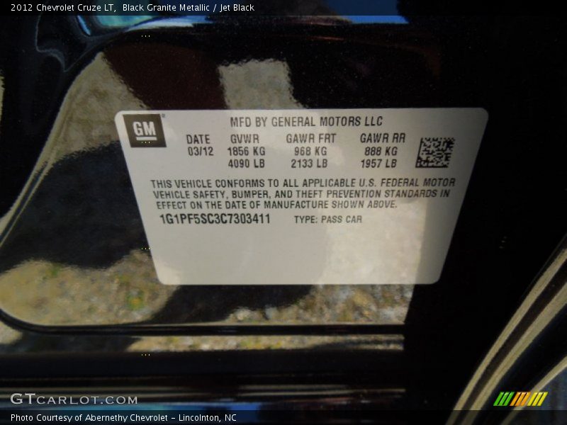 Black Granite Metallic / Jet Black 2012 Chevrolet Cruze LT