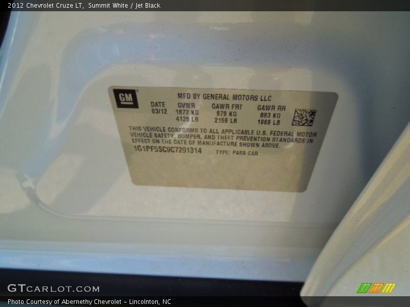Summit White / Jet Black 2012 Chevrolet Cruze LT