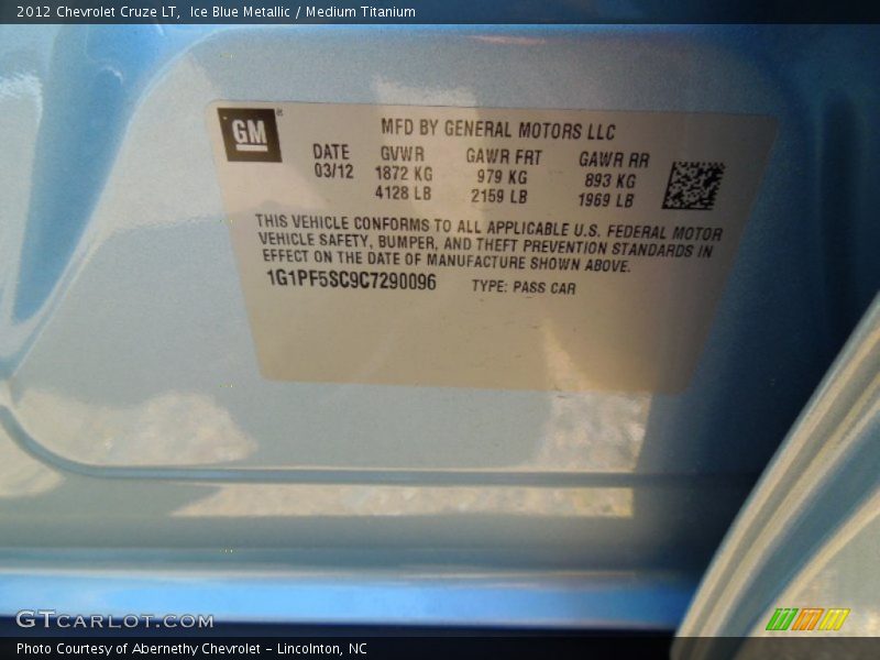 Ice Blue Metallic / Medium Titanium 2012 Chevrolet Cruze LT