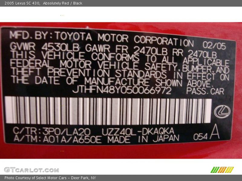 Absolutely Red / Black 2005 Lexus SC 430