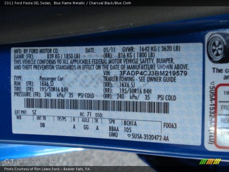 2011 Fiesta SEL Sedan Blue Flame Metallic Color Code SZ
