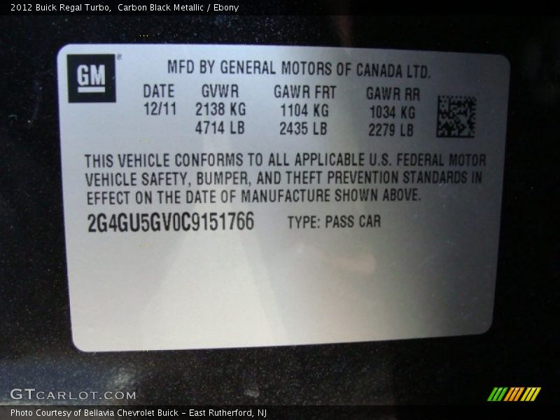 Carbon Black Metallic / Ebony 2012 Buick Regal Turbo