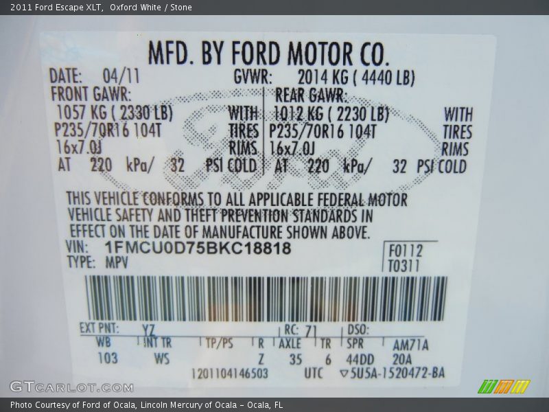 2011 Escape XLT Oxford White Color Code YZ