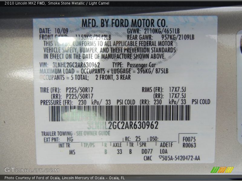2010 MKZ FWD Smoke Stone Metallic Color Code HG
