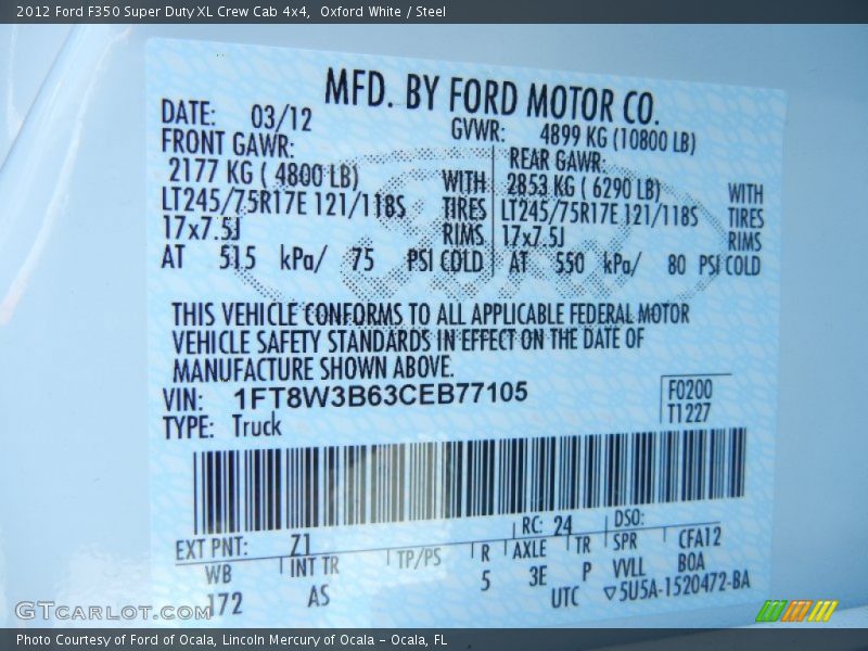 2012 F350 Super Duty XL Crew Cab 4x4 Oxford White Color Code Z1