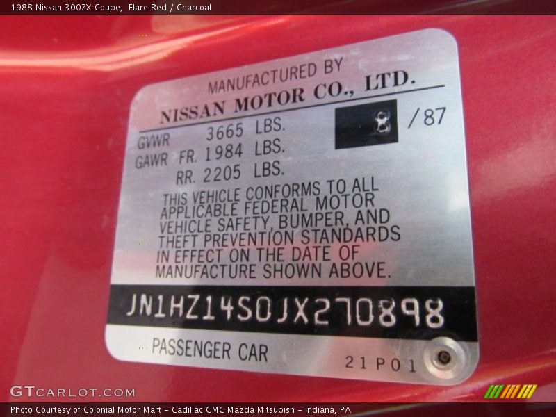 Info Tag of 1988 300ZX Coupe