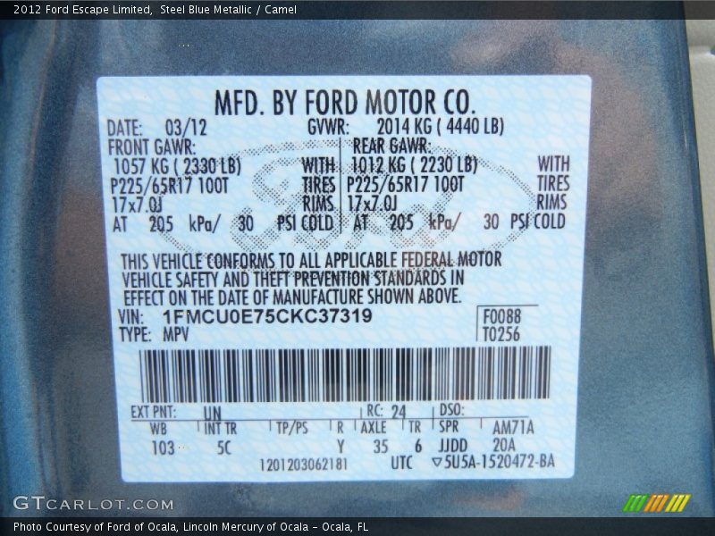 2012 Escape Limited Steel Blue Metallic Color Code UN