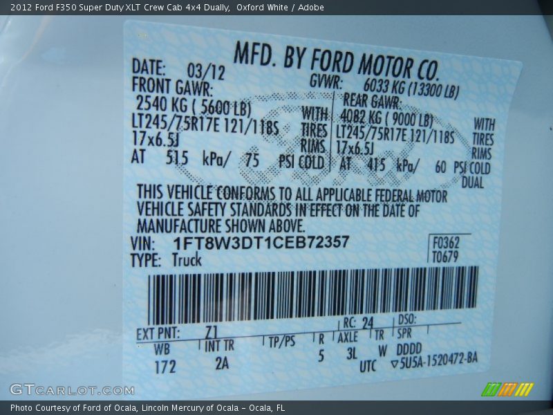 Oxford White / Adobe 2012 Ford F350 Super Duty XLT Crew Cab 4x4 Dually