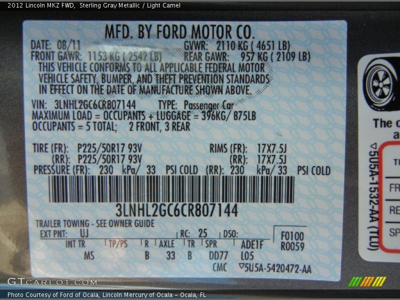 Sterling Gray Metallic / Light Camel 2012 Lincoln MKZ FWD