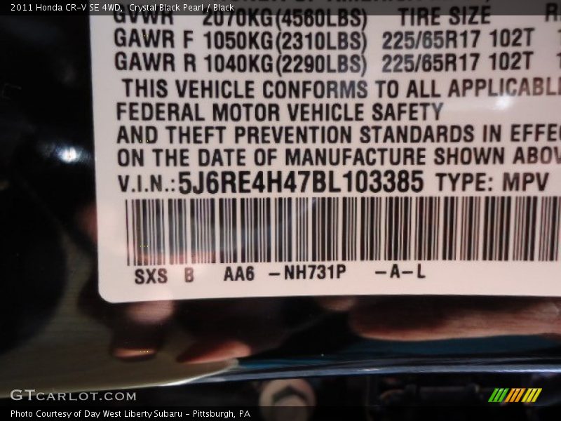 Crystal Black Pearl / Black 2011 Honda CR-V SE 4WD