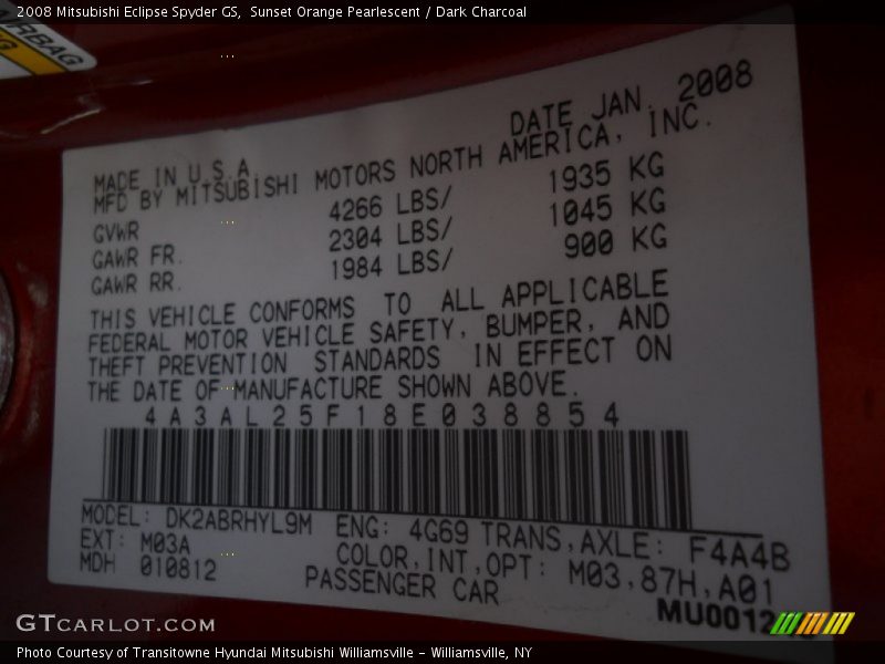 2008 Eclipse Spyder GS Sunset Orange Pearlescent Color Code M03