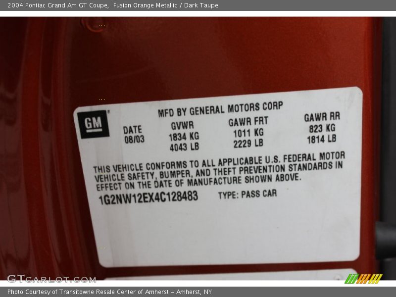 Info Tag of 2004 Grand Am GT Coupe