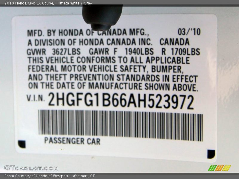 Taffeta White / Gray 2010 Honda Civic LX Coupe