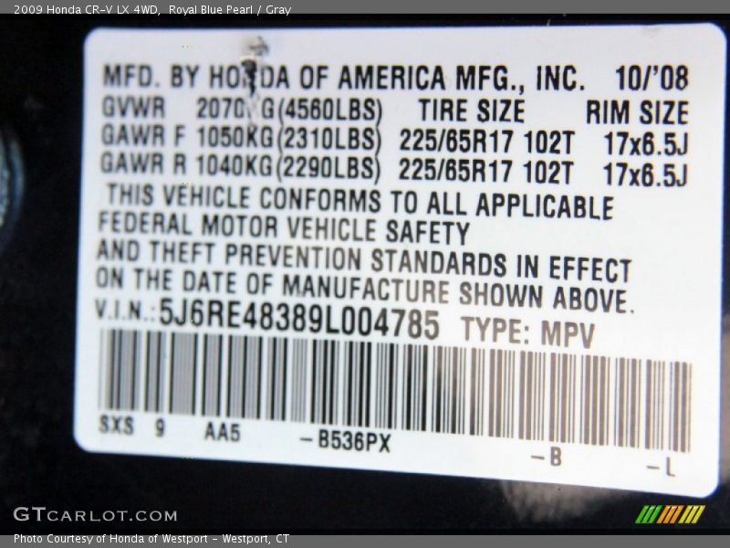 Royal Blue Pearl / Gray 2009 Honda CR-V LX 4WD