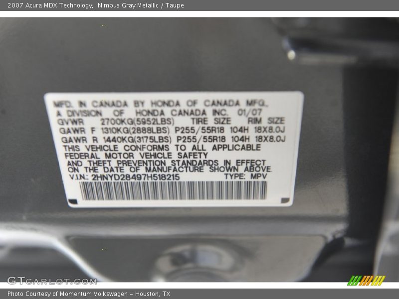 Nimbus Gray Metallic / Taupe 2007 Acura MDX Technology