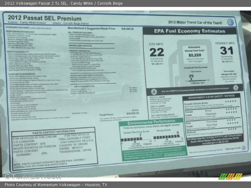 Candy White / Cornsilk Beige 2012 Volkswagen Passat 2.5L SEL