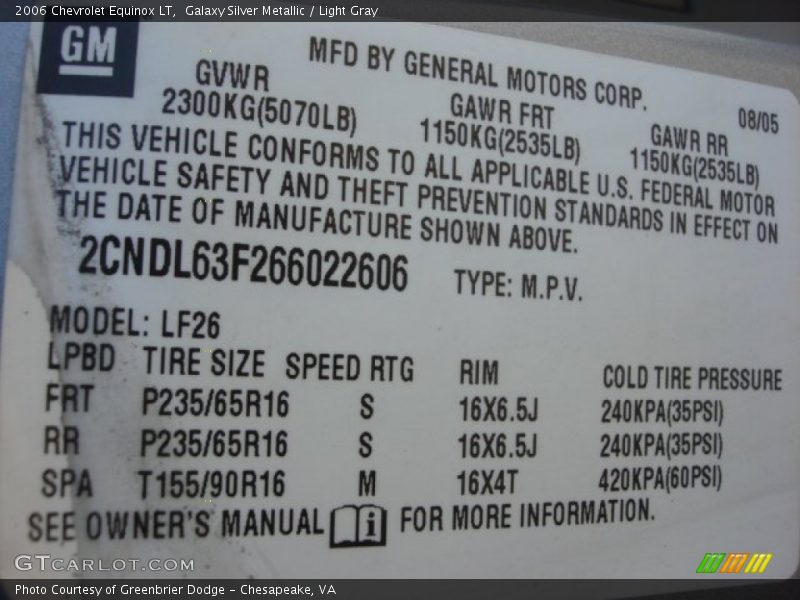 Galaxy Silver Metallic / Light Gray 2006 Chevrolet Equinox LT