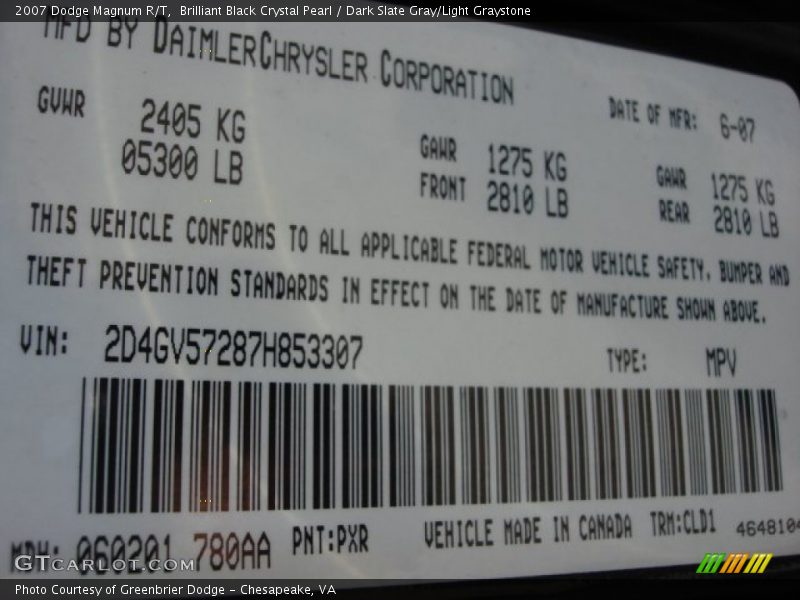 2007 Magnum R/T Brilliant Black Crystal Pearl Color Code PXR