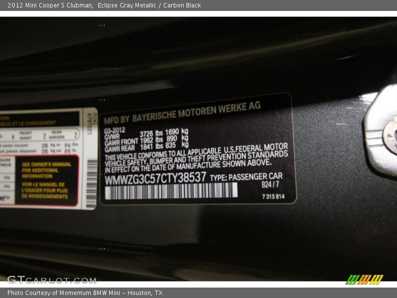 Eclipse Gray Metallic / Carbon Black 2012 Mini Cooper S Clubman