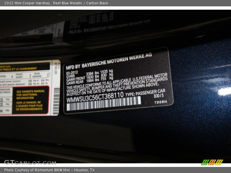 2012 Cooper Hardtop Reef Blue Metallic Color Code B30