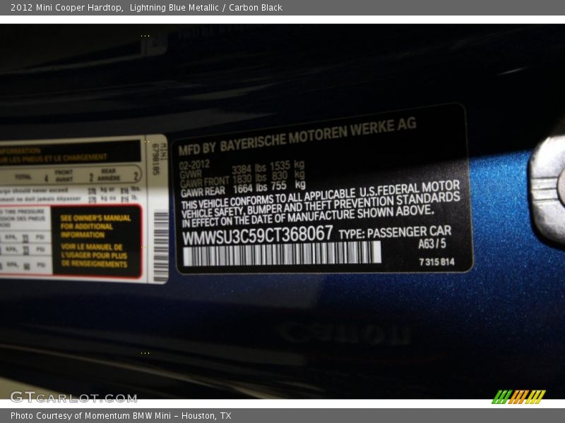 2012 Cooper Hardtop Lightning Blue Metallic Color Code A63